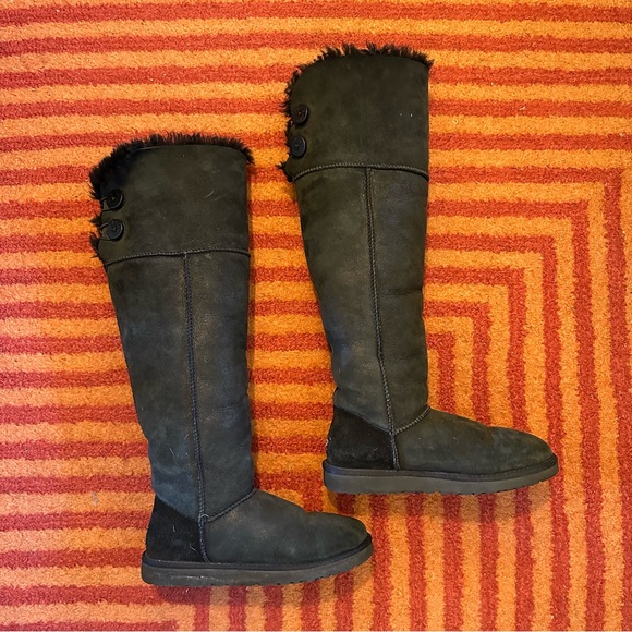 $395 UGG Bailey Button Over-the-Knee OTK 2-way Black Suede Shearling Fur Boots 8 - Picture 13 of 13